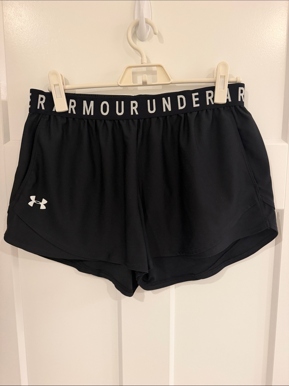 Under Armour Women’s Black Athletic Shorts with White Logo Waistband
